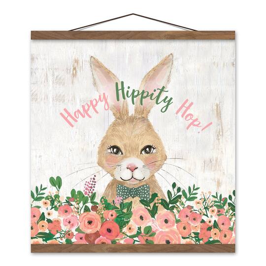 Happy Hippity Hop Bunny Teak Hanging Canvas